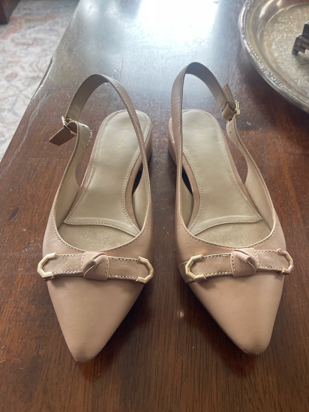 Cole Haan Classic Pointed Slingback Flats in Nude with Gold Accent 6.5